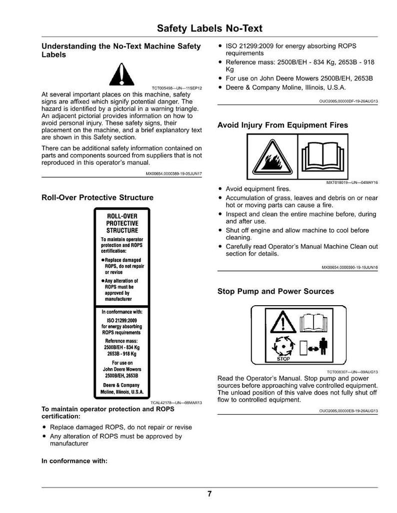 May include: A safety manual page with diagrams and text about machine safety labels, roll-over protective structures, and fire prevention. Includes warnings, instructions, and specifications for John Deere mowers.