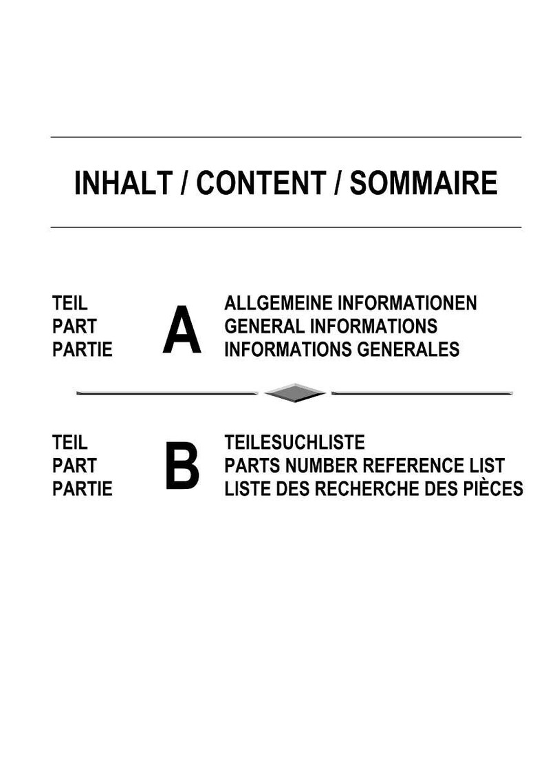 Pu&ograve; includere: Un documento in bianco e nero con il titolo "INHALT / CONTENT / SOMMAIRE". Il documento &egrave; diviso in sezioni A e B, con testo in tedesco, inglese e francese. La sezione A elenca "Informazioni generali". La sezione B elenca "Elenco di riferimento dei numeri di parte".
