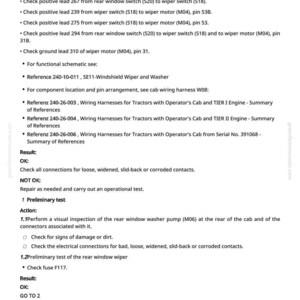 May include: A page from a manual with text detailing the rear window wiper circuit, including checks for positive and ground leads, and component references. The page includes troubleshooting steps and results.