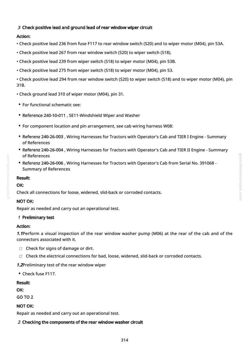 May include: A page from a manual with text detailing the rear window wiper circuit, including checks for positive and ground leads, and component references. The page includes troubleshooting steps and results.