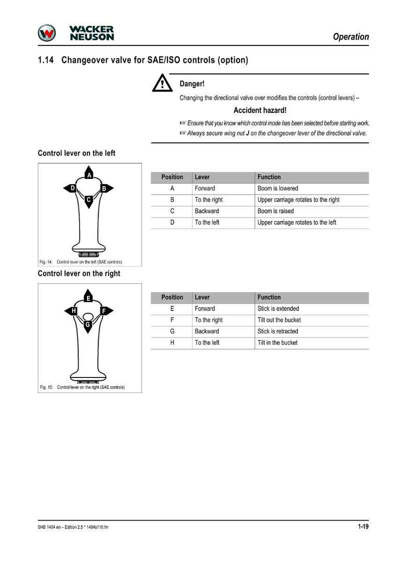May include: A technical diagram from Wacker Neuson detailing the changeover valve for SAE/ISO controls. The diagram includes illustrations of control levers and their functions, along with a warning about accident hazards.