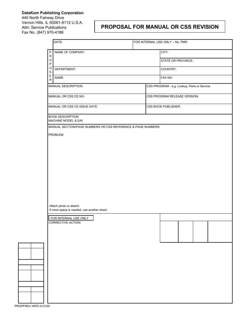 May include: A white document titled "PROPOSAL FOR MANUAL OR CSS REVISION" with text fields for company information, date, and a description of the manual or CSS revision. Includes a section for corrective action.