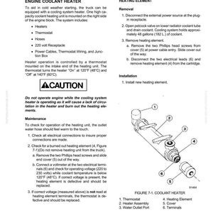 May include: Diagram of an engine coolant heater with labeled parts: thermostat, heater assembly, water outlet port, heating element, cover, and terminals. Instructions for removal and installation are included.