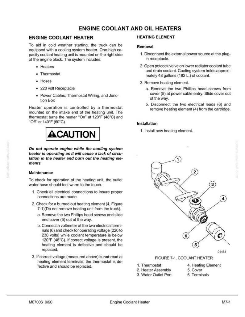 May include: Diagram of an engine coolant heater with labeled parts: thermostat, heater assembly, water outlet port, heating element, cover, and terminals. Instructions for removal and installation are included.
