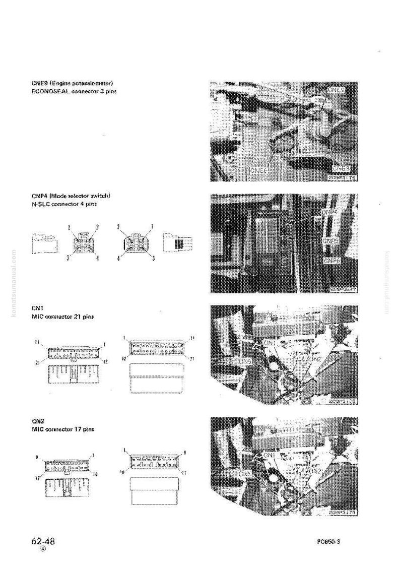 Pode incluir: Diagrama de conectores e componentes el&eacute;tricos, incluindo CNE9, CNP4, CN1 e CN2. A imagem inclui vistas de perto dos conectores e suas configura&ccedil;&otilde;es de pinos, juntamente com etiquetas e descri&ccedil;&otilde;es de texto. O diagrama &eacute; de komatsomanual.com.