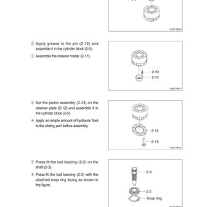 May include: Diagram of mechanical components with labels. Includes a cylinder block, piston assembly, retainer plate, ball bearing, and snap ring. Instructions detail assembly steps with part numbers.