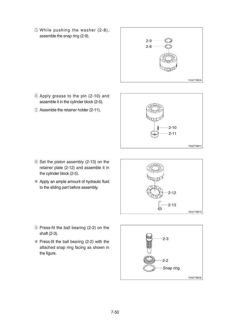 May include: Diagram of mechanical components with labels. Includes a cylinder block, piston assembly, retainer plate, ball bearing, and snap ring. Instructions detail assembly steps with part numbers.