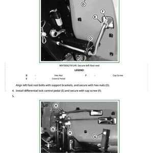 May include: Diagram of tractor foot rest assembly with labels for hex nuts, control pedal, and cap screws. Instructions include securing bolts, installing the pedal, and securing with screws. The image is in black and white.