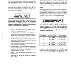 Op de afbeelding: Een wit document met zwarte tekst met details over het spoelen van het airconditioningsysteem en het vervangen van onderdelen. Bevat koppel specificaties in Newton meters en foot pounds. Bevat waarschuwingen en instructies.