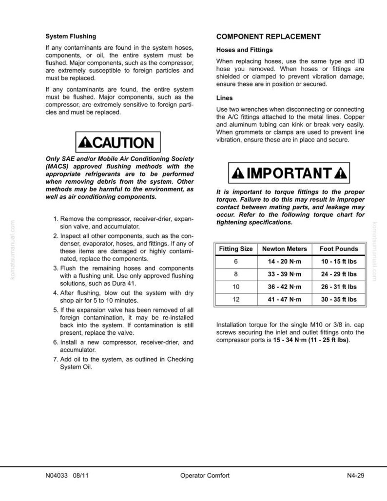 Op de afbeelding: Een wit document met zwarte tekst met details over het spoelen van het airconditioningsysteem en het vervangen van onderdelen. Bevat koppel specificaties in Newton meters en foot pounds. Bevat waarschuwingen en instructies.