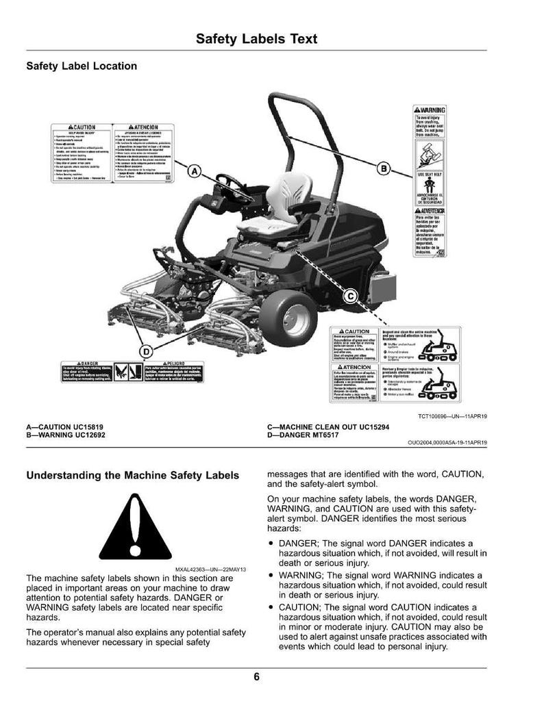 May include: Diagram of a riding lawn mower with safety labels and text. The labels include warnings and cautions, with explanations of potential hazards and safety alerts. The image is a page from an operator's manual.