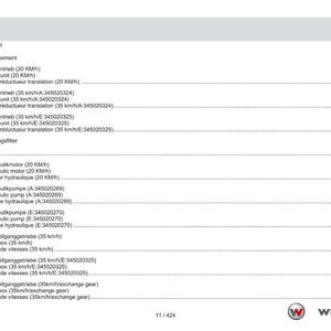 May include: A white page from a manual with the title "Table of contents" in English, German, and French. The page lists various mechanical components, including drive units, filters, and hydraulic pumps, with corresponding page numbers.