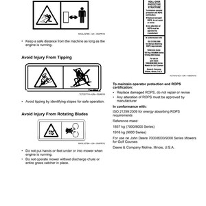 Peut inclure: Une page d'&eacute;tiquettes de s&eacute;curit&eacute; sans texte, avec des symboles d'avertissement et des instructions. Les &eacute;tiquettes traitent de sujets tels que les blessures caus&eacute;es par des objets projet&eacute;s, le basculement et les lames rotatives. Comprend des informations sur les structures de protection au retournement et la certification ROPS.