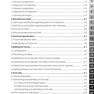 May include: A detailed table of contents from a tractor manual, featuring sections on safety, technical specifications, and maintenance procedures. The manual includes diagrams and text, with a focus on tractor components and their functions.