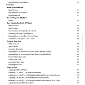 May include: A white page from a manual with a table of contents. The text includes sections on baler controllers, power trains, and hydraulic systems. Measurements are in feet and inches.
