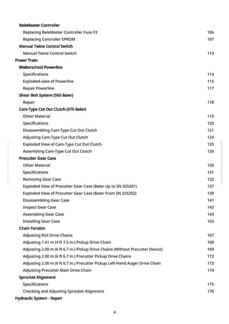May include: A white page from a manual with a table of contents. The text includes sections on baler controllers, power trains, and hydraulic systems. Measurements are in feet and inches.