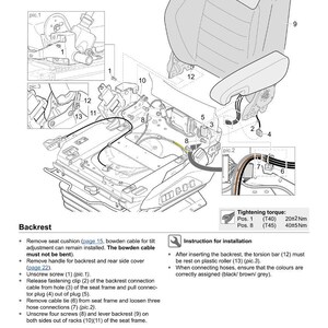 May include: Diagram of a car seat backrest with detailed component labels and assembly instructions. Includes close-up views of screws, cables, and connectors. Text includes tightening torque specifications.