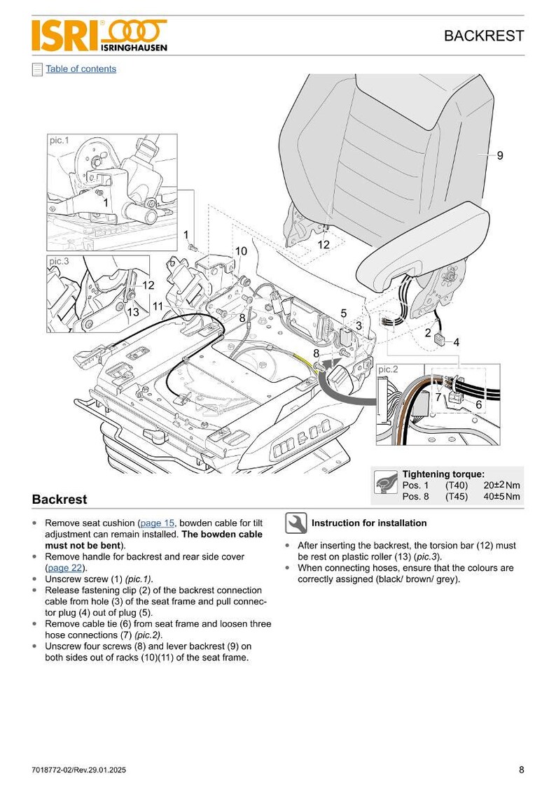 May include: Diagram of a car seat backrest with detailed component labels and assembly instructions. Includes close-up views of screws, cables, and connectors. Text includes tightening torque specifications.