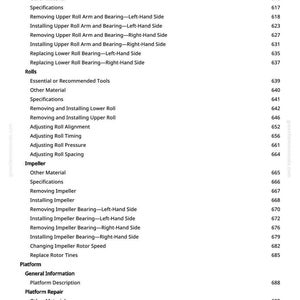 May include: A detailed table of contents from a manual, listing topics such as "Diagnose Impeller Conditioner Malfunctions," "Roll Arms and Bearings," and "Platform Repair." The text is black on a white background, with page numbers.