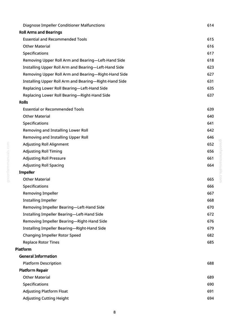 May include: A detailed table of contents from a manual, listing topics such as "Diagnose Impeller Conditioner Malfunctions," "Roll Arms and Bearings," and "Platform Repair." The text is black on a white background, with page numbers.