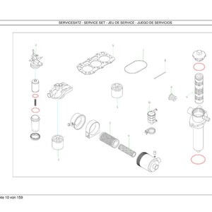 Op de afbeelding: Een explosietekening van een servicekit, met diverse mechanische componenten. De afbeelding bevat cilindrische onderdelen, filters en ronde afdichtingen, allemaal genummerd. De tekst bovenaan luidt "SERVICE SET".
