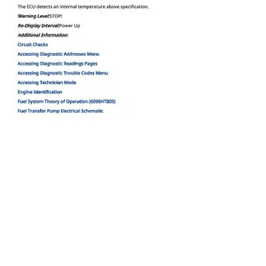 May include: A white page with black text detailing an ECU temperature signal. The text includes "ECU Temperature Signal Extremely High", "Warning Level: STOP!", and a list of diagnostic options. The number 943 is at the bottom.