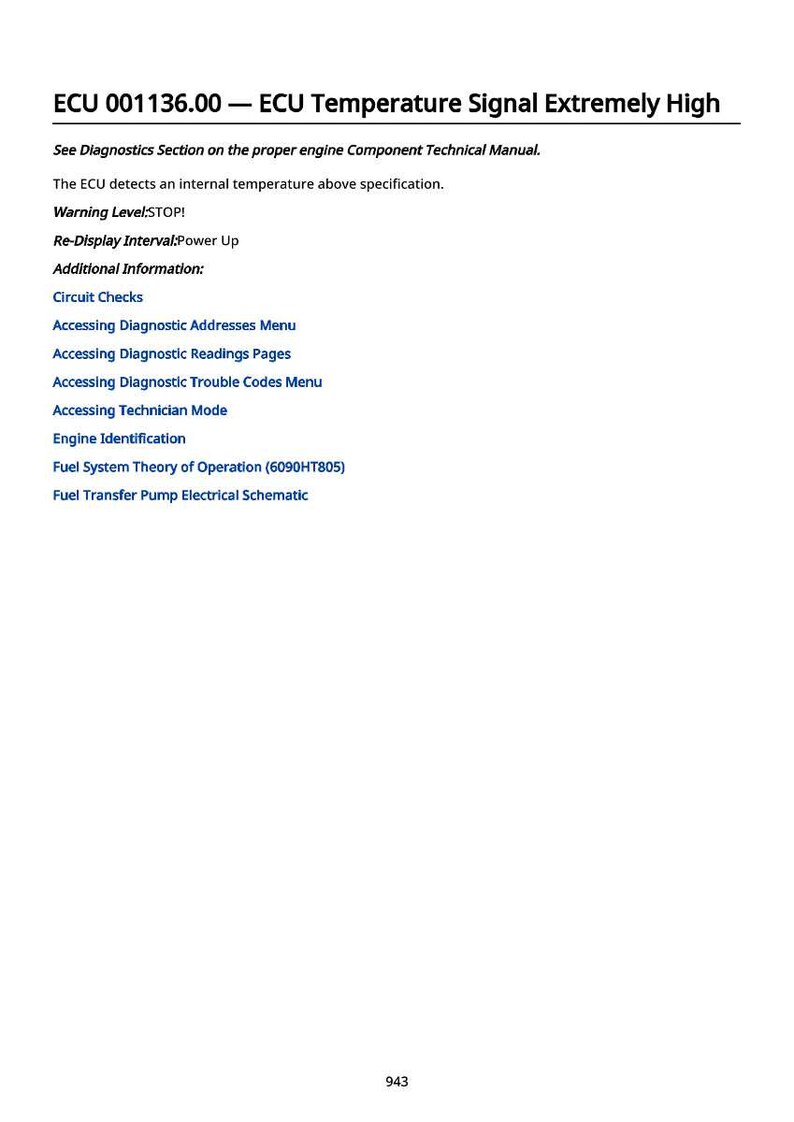 May include: A white page with black text detailing an ECU temperature signal. The text includes "ECU Temperature Signal Extremely High", "Warning Level: STOP!", and a list of diagnostic options. The number 943 is at the bottom.