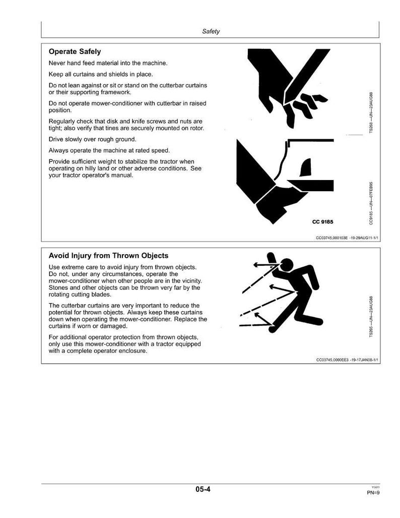 May include: A safety manual page with black and white illustrations and text. The top section, titled "Operate Safely," includes instructions and a graphic of hands. The bottom section, "Avoid Injury from Thrown Objects," features a stick figure illustration.