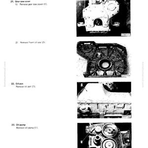 Puede incluir: Una p&aacute;gina de un manual que detalla el desmontaje y montaje de un motor. Las im&aacute;genes muestran varios componentes del motor, incluyendo la tapa de la caja de engranajes, el ret&eacute;n de aceite, el c&aacute;rter de aceite y la bomba de aceite. El texto incluye "DISASSEMBLY AND ASSEMBLY".