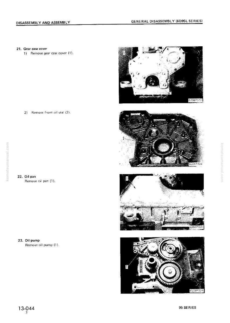 Puede incluir: Una p&aacute;gina de un manual que detalla el desmontaje y montaje de un motor. Las im&aacute;genes muestran varios componentes del motor, incluyendo la tapa de la caja de engranajes, el ret&eacute;n de aceite, el c&aacute;rter de aceite y la bomba de aceite. El texto incluye "DISASSEMBLY AND ASSEMBLY".