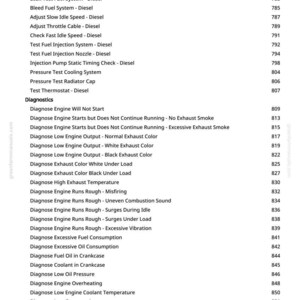 May include: A manual page detailing diesel engine diagnostics. The text lists tests for fuel systems, cooling systems, and engine performance issues, with associated page numbers for reference.