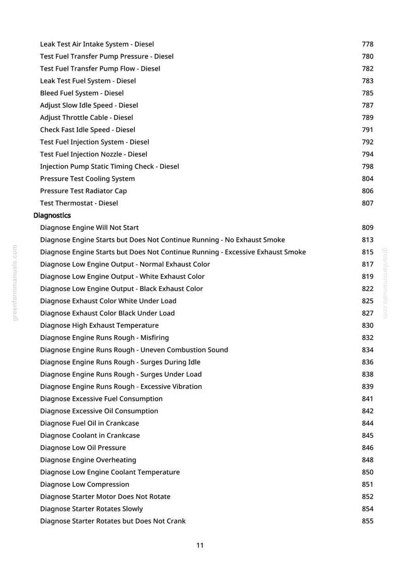 May include: A manual page detailing diesel engine diagnostics. The text lists tests for fuel systems, cooling systems, and engine performance issues, with associated page numbers for reference.