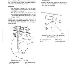 May include: Diagram of a rock ejector system for a dump body, with detailed views of the mounting bracket and ejector components. Includes measurements in inches and text instructions for inspection and maintenance of the system.