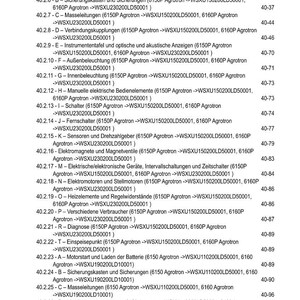 May include: A detailed table of contents in German, listing various components and systems for Agrotron models. Includes sections on electrical systems, lighting, and engine components. The document is organized with item numbers and page references.