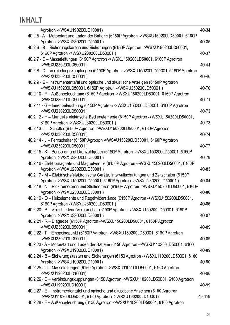 May include: A detailed table of contents in German, listing various components and systems for Agrotron models. Includes sections on electrical systems, lighting, and engine components. The document is organized with item numbers and page references.