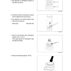 May include: Technical diagram with assembly instructions for mechanical components. The image shows exploded views of parts, including a sliding sleeve, compression spring, end plate, and snap ring. Text includes part numbers and steps.