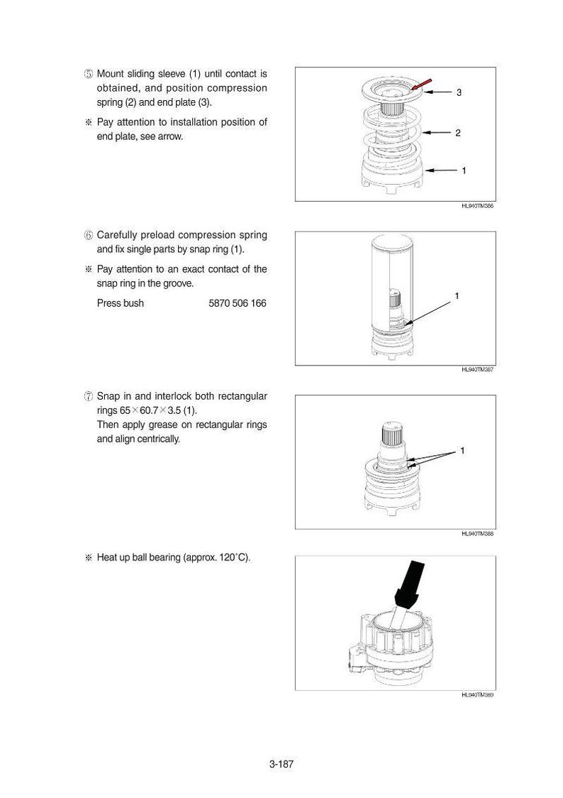 May include: Technical diagram with assembly instructions for mechanical components. The image shows exploded views of parts, including a sliding sleeve, compression spring, end plate, and snap ring. Text includes part numbers and steps.