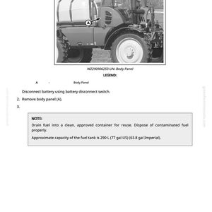 May include: Diagram showing how to remove and install a fuel tank on a tractor. The image highlights the tractor's side, with the body panel and fuel tank clearly marked. Text provides instructions and the tank's capacity in litres.