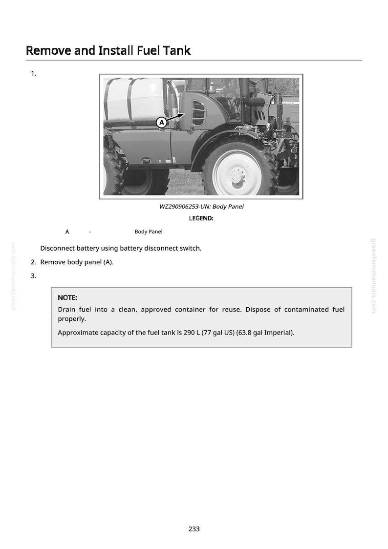 May include: Diagram showing how to remove and install a fuel tank on a tractor. The image highlights the tractor's side, with the body panel and fuel tank clearly marked. Text provides instructions and the tank's capacity in litres.