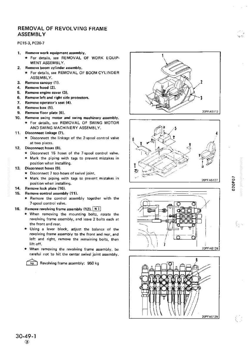 Pode incluir: Diagrama da remo&ccedil;&atilde;o de um conjunto de estrutura girat&oacute;ria, com etapas numeradas e ilustra&ccedil;&otilde;es. Inclui um diagrama do conjunto e seus componentes, com instru&ccedil;&otilde;es de texto e um peso de 950 kg.