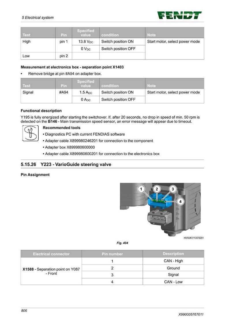May include: Diagram of an electrical system with tables detailing tests, pin assignments, and specified values. Includes a VarioGuide steering valve diagram and connector pin descriptions. The Fendt logo is at the top.