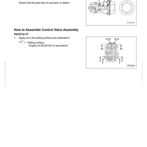 May include: Diagram from a manual showing the disassembly and assembly of a control valve. The image includes detailed illustrations of valve components, labeled with numbers and arrows, and instructions for applying oil to the sliding surface.
