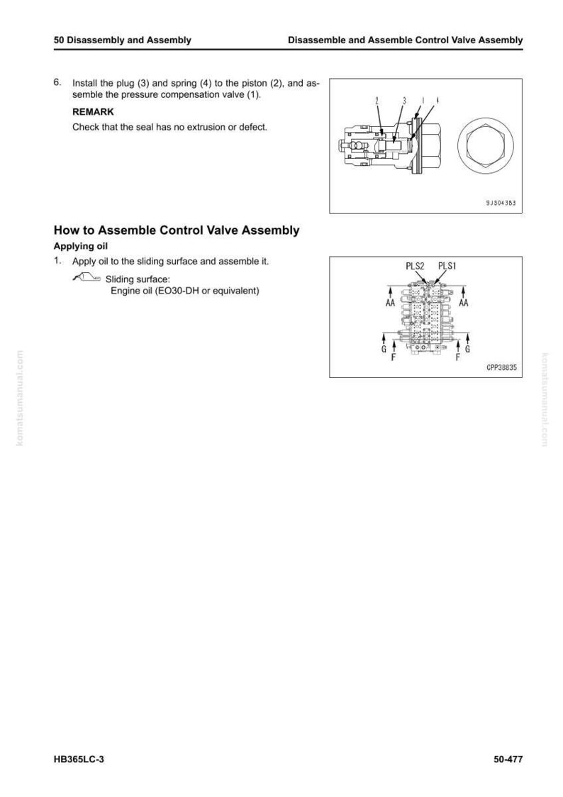 May include: Diagram from a manual showing the disassembly and assembly of a control valve. The image includes detailed illustrations of valve components, labeled with numbers and arrows, and instructions for applying oil to the sliding surface.