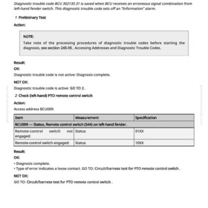 Pu&ograve; includere: Documento tecnico intitolato "BCU 302135.31 - PTO telecomando, errore lato sinistro." Contiene istruzioni diagnostiche, risultati dei test e specifiche per un interruttore del telecomando, con una tabella di misurazioni.
