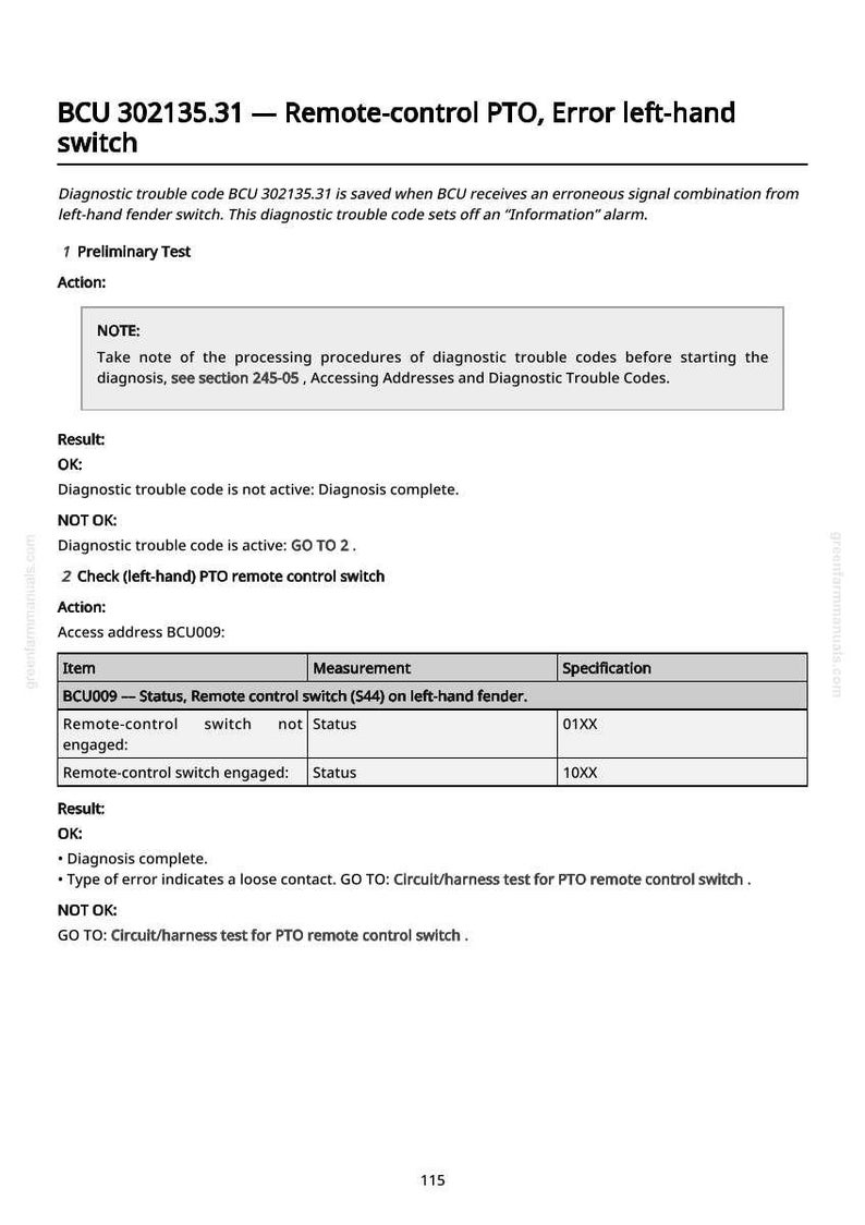 Pu&ograve; includere: Documento tecnico intitolato "BCU 302135.31 - PTO telecomando, errore lato sinistro." Contiene istruzioni diagnostiche, risultati dei test e specifiche per un interruttore del telecomando, con una tabella di misurazioni.