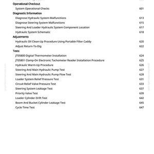 May include: A white page from a manual detailing hydraulic system procedures and tests. The text includes sections on "Loader Control Valve," "Hydraulic System," and various "Tests," with page numbers.