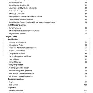 May include: A page from a manual with a table of contents. The topics include fuel and lubricants, serial number locations, engine specifications, and diagnostics. The page number is 3.