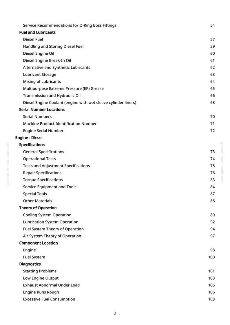May include: A page from a manual with a table of contents. The topics include fuel and lubricants, serial number locations, engine specifications, and diagnostics. The page number is 3.