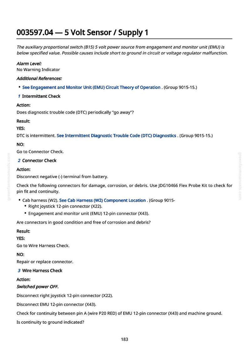 May include: A white page with black text detailing diagnostic and repair procedures for a 5-volt sensor and supply unit. The document includes troubleshooting steps, connector checks, and wiring diagrams.