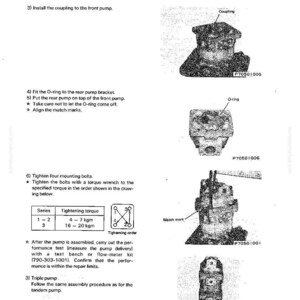 Puede incluir: Instrucciones de montaje para una bomba de la serie SA, con diagramas de componentes como el acoplamiento, la junta t&oacute;rica y los pernos de montaje. Incluye especificaciones de par de apriete en kgm y un diagrama de orden de apriete.